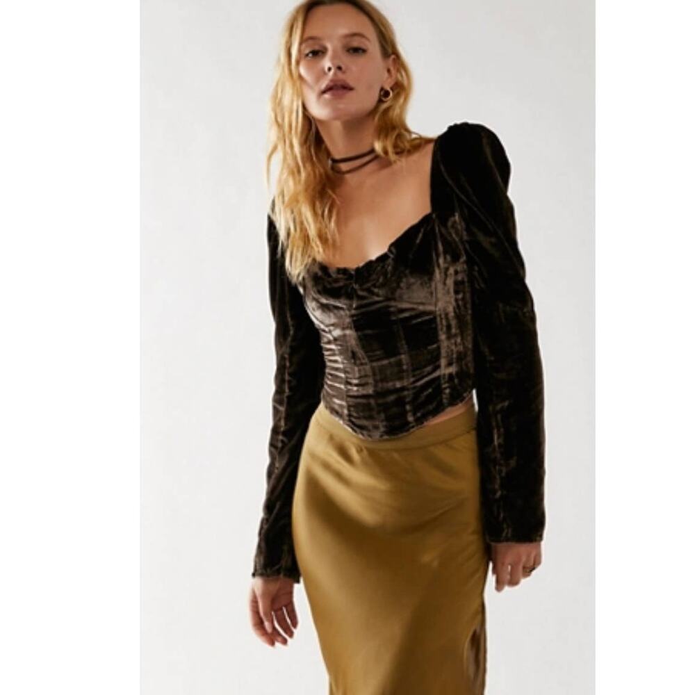 New Free People Bridgette Long Sleeve Velvet Top $128  X-SMALL Brown Corset Insp